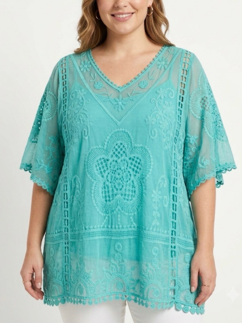Sapphire Teal Crochet Sheer Lace Flowy Tunic XL